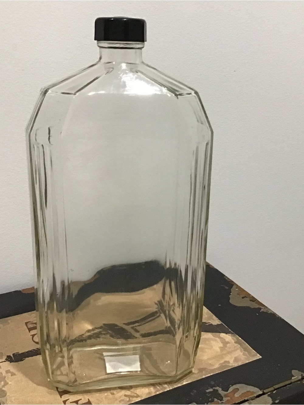 (303) Mid Century Glass Refrigerator Water Bottle. Octagonal black working cap